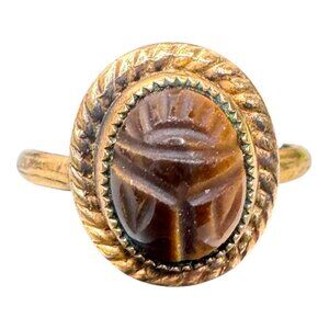 Vintage 12Kt Gold Filled Egyptian Scarab Tigers Eye Gemstone Statement Ring Sz 6